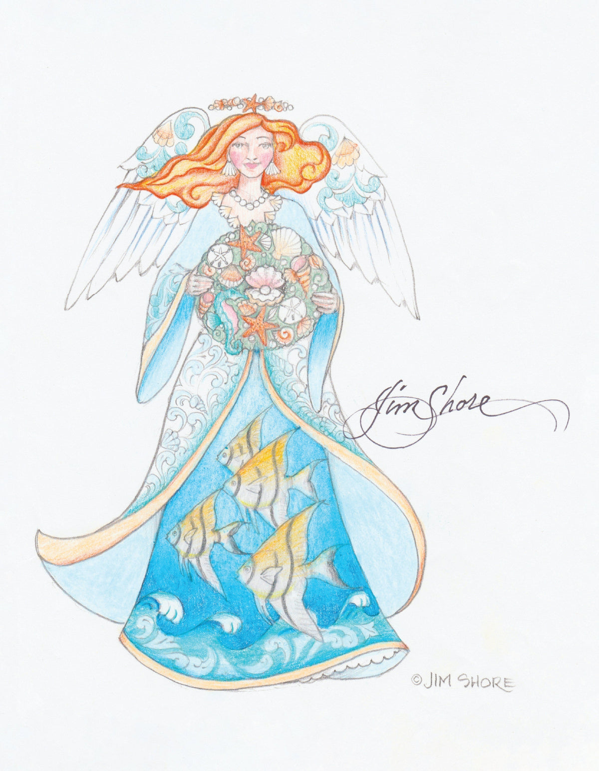 Angel With Coastal Wreath and Scene Print